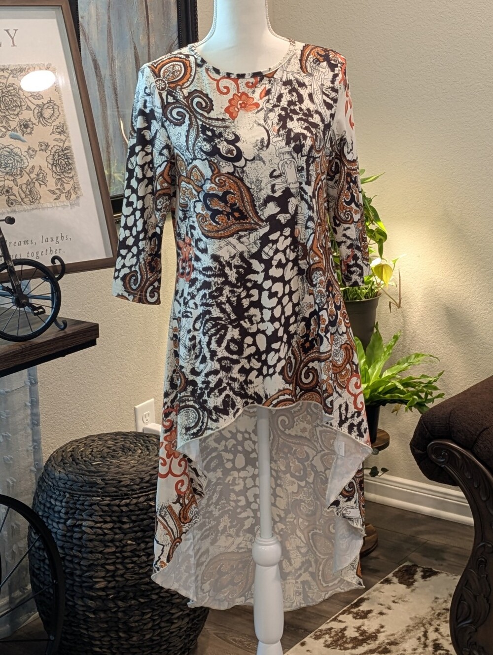 High-Low Paisley & Animal Print Top in Cream and Brown